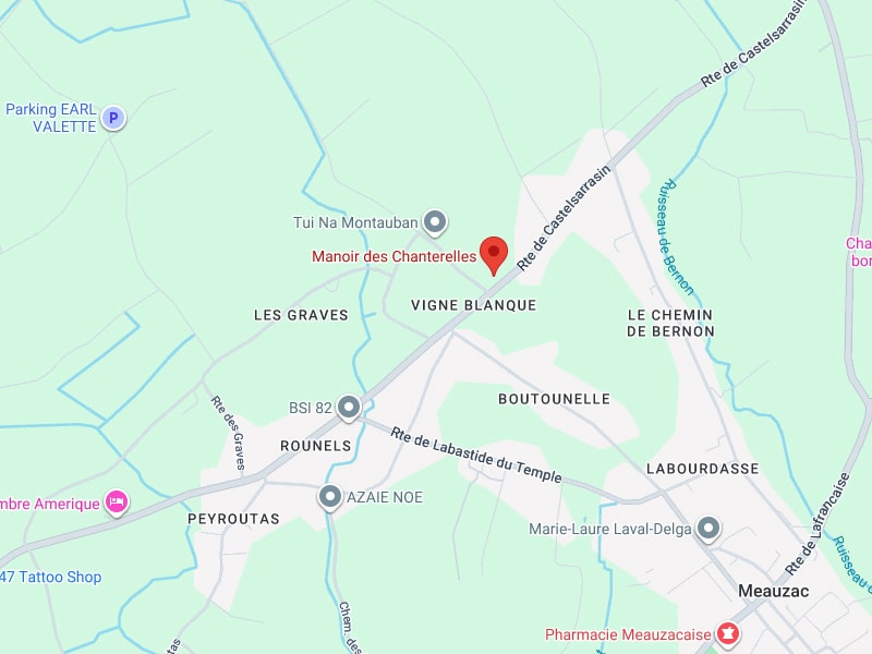 Manoir des Chanterelles : carte d'accès et localisation près de Meauzac. Carte géographique montrant le Manoir des Chanterelles près de Meauzac, sur la Rte de Castelsarrasin, entouré des lieux-dits Vigne Blanque et Les Graves.